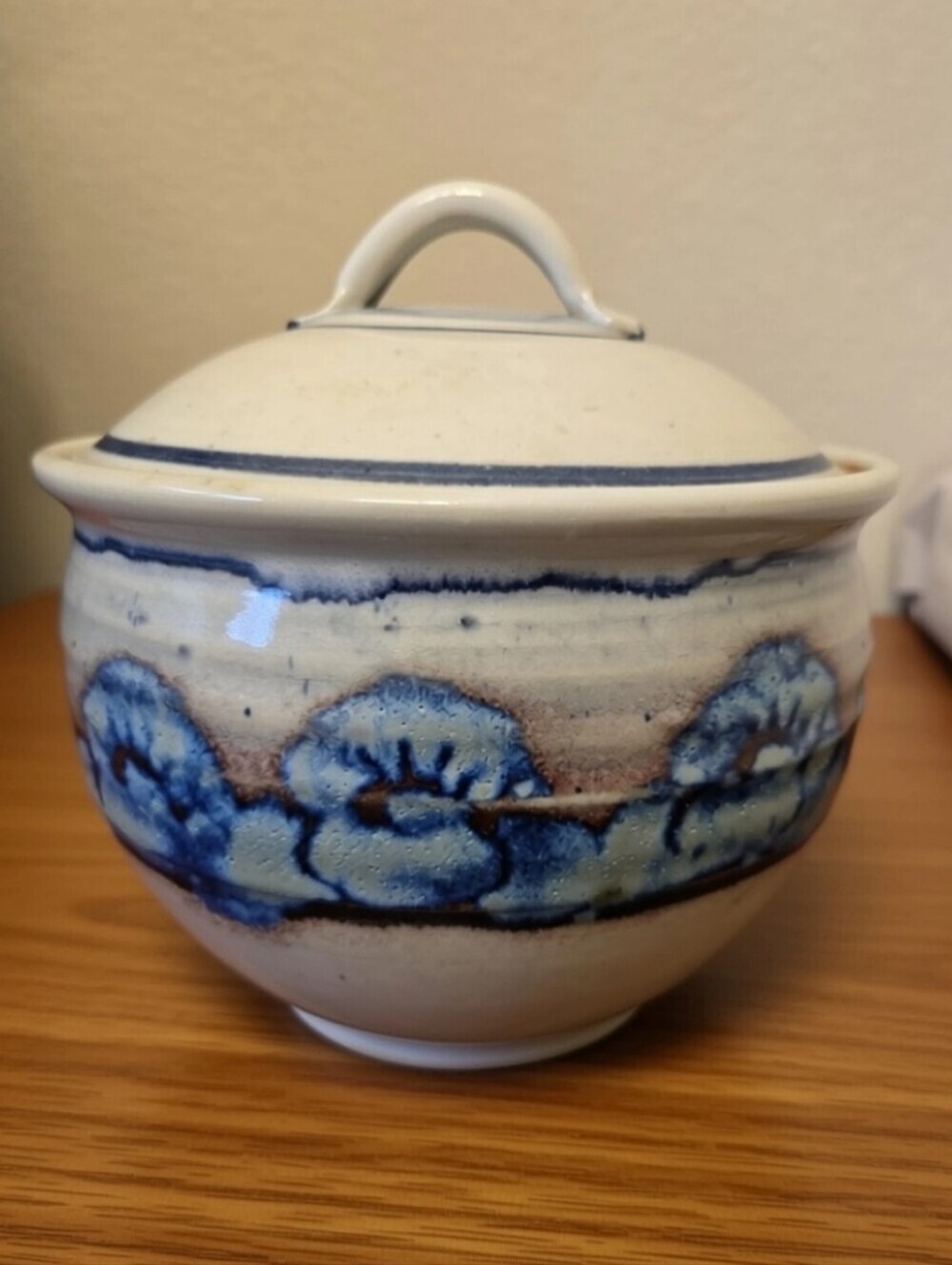 Studio Art Pottery Lidded Jar With Blue & Brown Accents Glazed Signed Beautiful